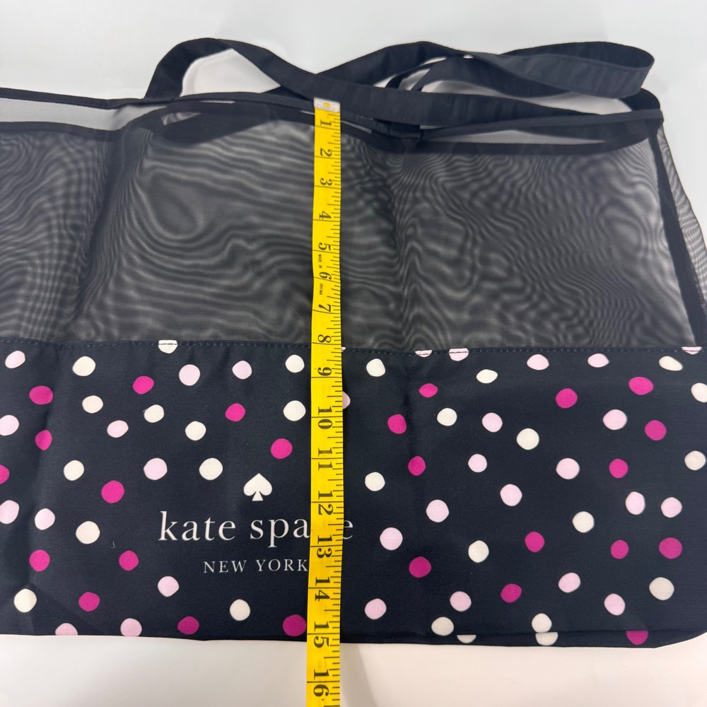 Kate Spade New York Mesh Tote Bag Black Pink Polka Dot Packable Beach Bag Large - Picture 6 of 9